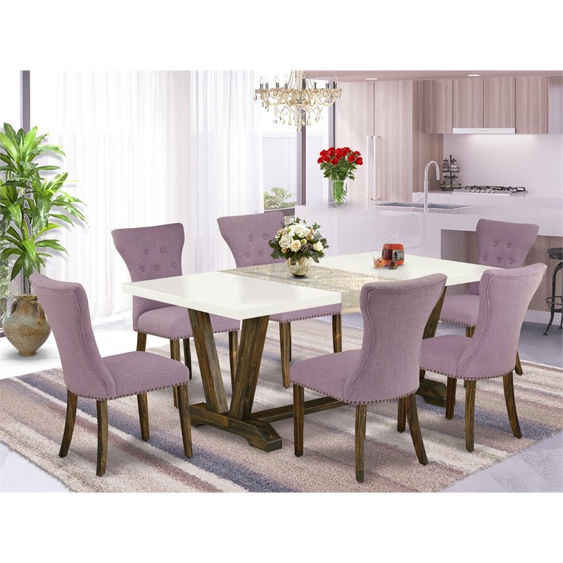 East West Furniture V-Style 7-piece Wood Dining Set in Jacobean Brown/Dahlia