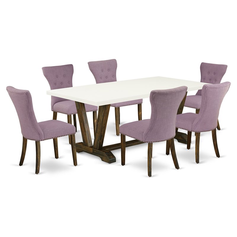 East West Furniture V-Style 7-piece Wood Dining Set in Jacobean Brown/Dahlia