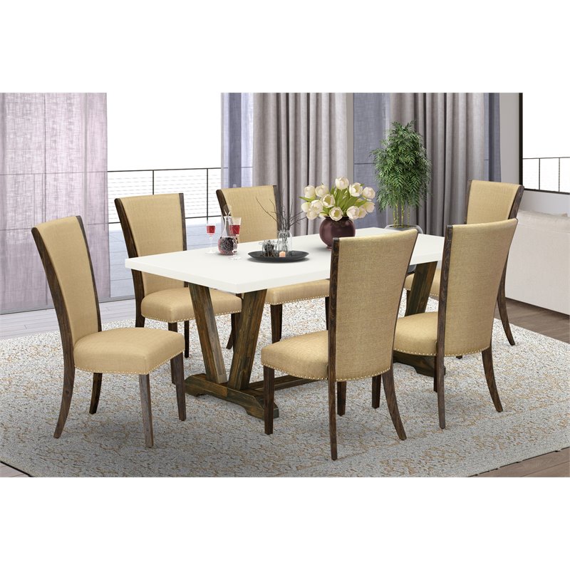 East West Furniture V-Style 7-piece Wood Dining Table Set in Linen White
