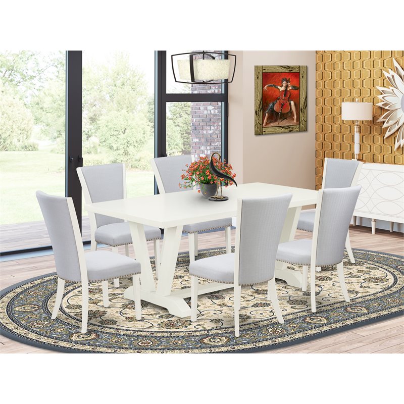 East West Furniture V-Style 7-piece Wood Dinette Set in Linen White/Gray