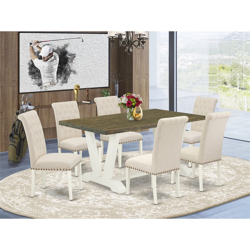 East West Furniture V-Style 7-piece Wood Dining Table Set in White/Light Beige
