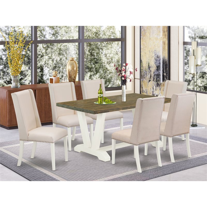 East West Furniture V-Style 7-piece Wood Dining Set in White/Cream/Brown
