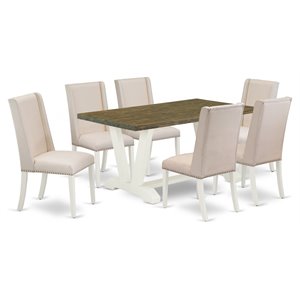 East West Furniture V-Style 7-piece Wood Dining Set in White/Cream/Brown