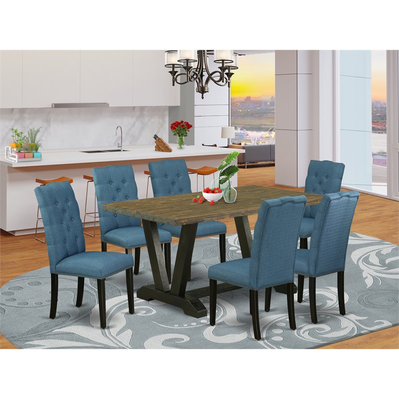 East West Furniture V-Style 7-piece Dining Room Table Set in Black/Mineral Blue