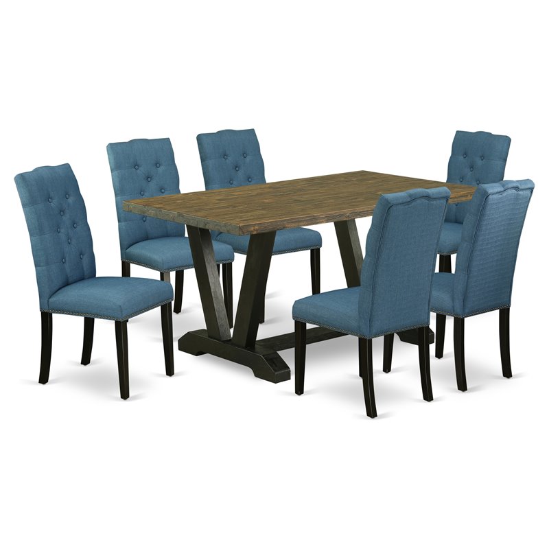 East West Furniture V-Style 7-piece Dining Room Table Set in Black/Mineral Blue