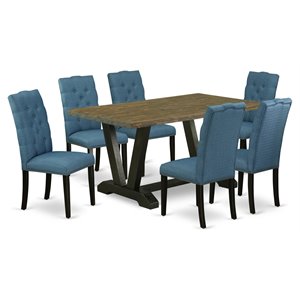 East West Furniture V-Style 7-piece Dining Room Table Set in Black/Mineral Blue