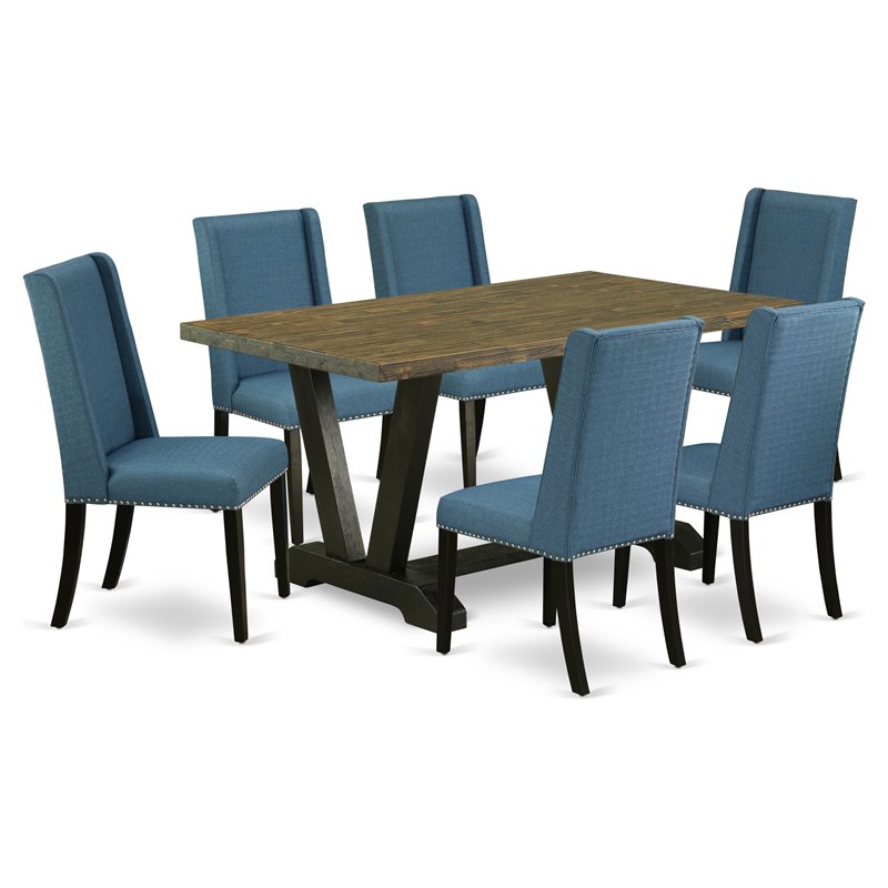 East West Furniture V-Style 7-piece Wood Dining Table Set in Black