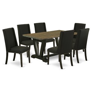 East West Furniture V-Style 7-piece Dining Table Set with Fabric Seat in Black