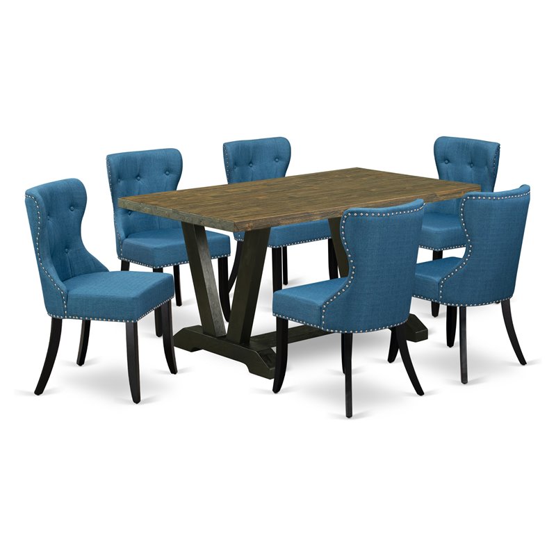 East West Furniture V-Style 7-piece Wood Dining Set in Jacobean/Black/Blue