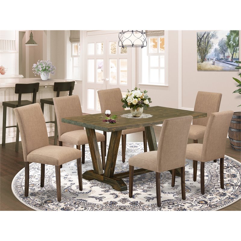 East West Furniture V-Style 7-piece Wood Dining Set in Brown/Light Sable