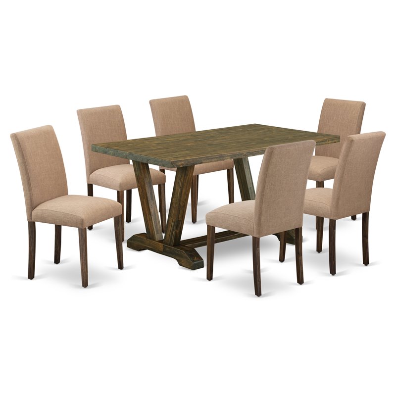 East West Furniture V-Style 7-piece Wood Dining Set in Brown/Light Sable