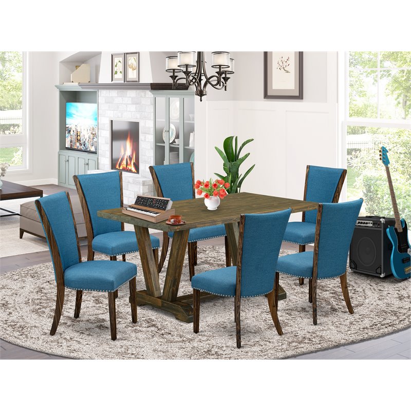 East West Furniture V-Style 7-piece Wood Dining Set in Jacobean Brown/Blue