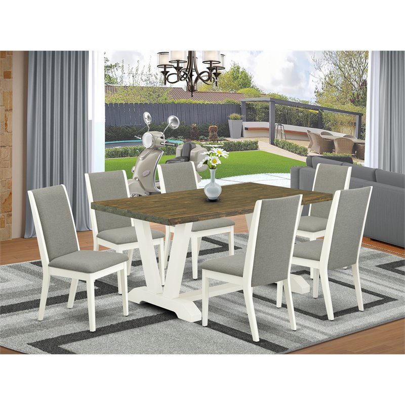 East West Furniture V-Style 7-piece Wood Dining Set in White/Shitake/Brown