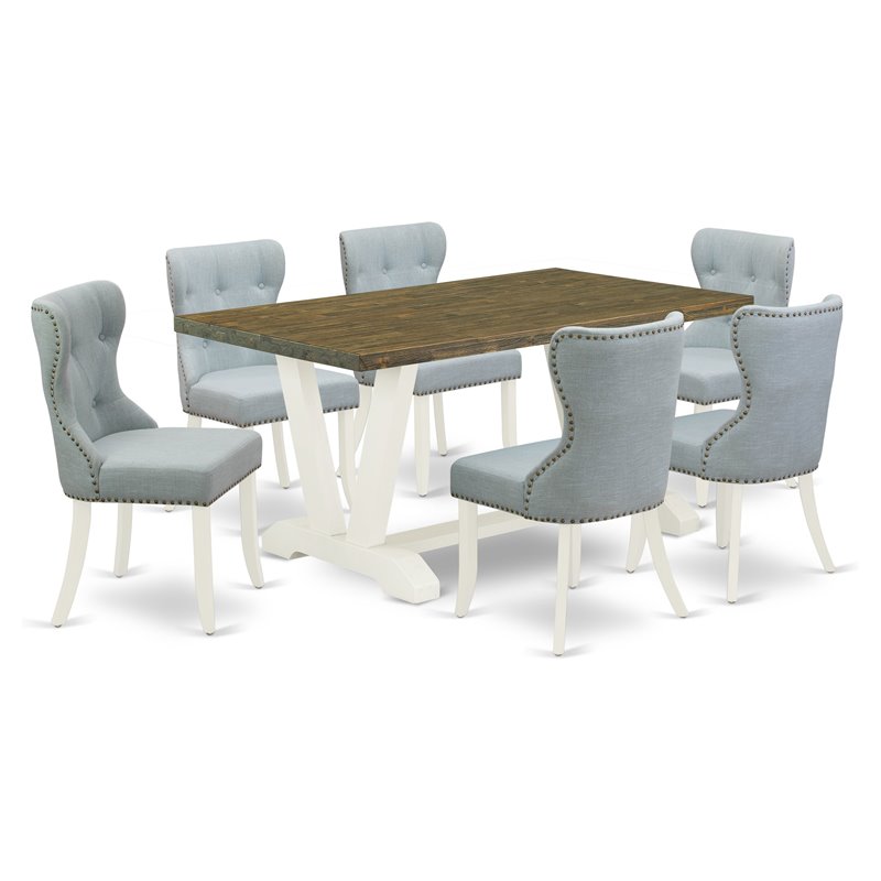 East West Furniture V-Style 7-piece Wood Dining Set in White/Baby Blue/Brown