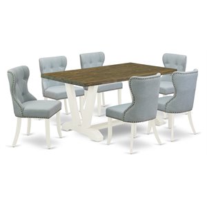 East West Furniture V-Style 7-piece Wood Dining Set in White/Baby Blue/Brown