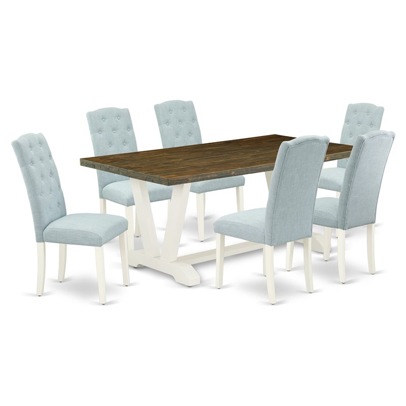 East West Furniture V-Style 7-piece Dining Room Table Set in White/Baby Blue