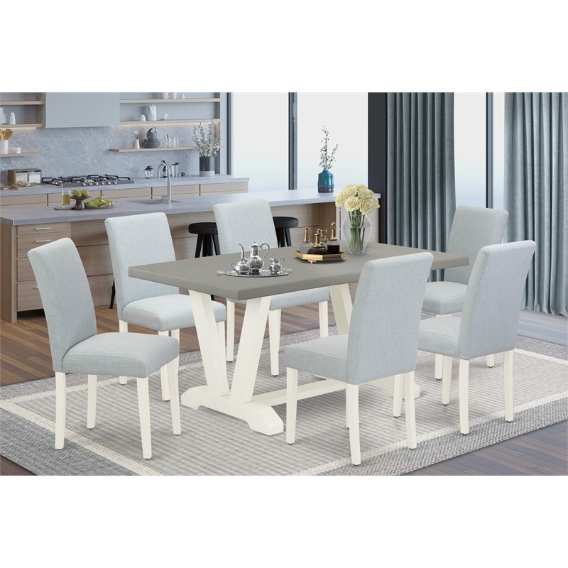 East West Furniture V-Style 7-piece Wood Dining Set in Linen White/Cement/Blue