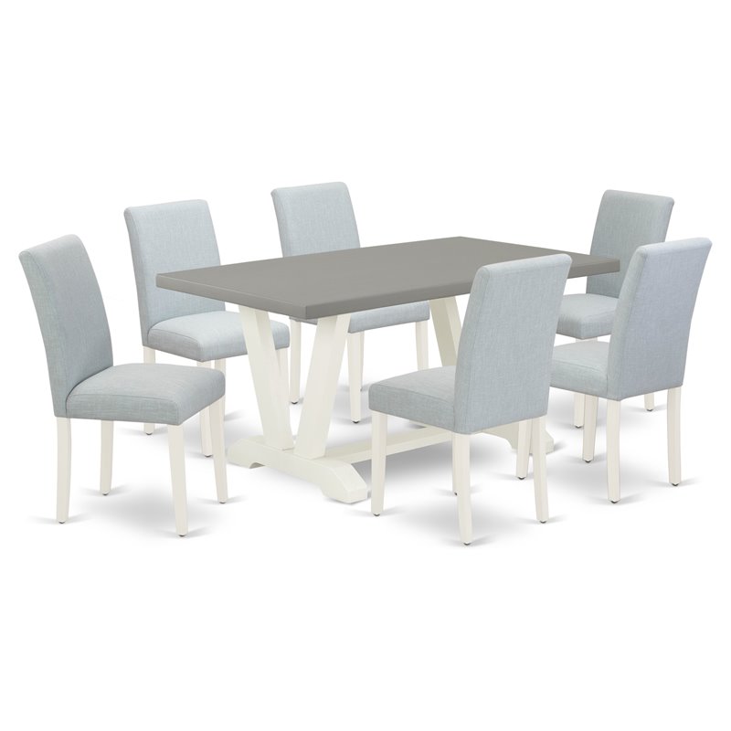 East West Furniture V-Style 7-piece Wood Dining Set in Linen White/Cement/Blue