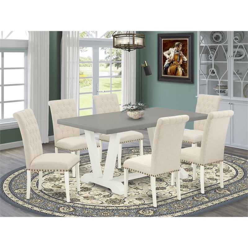 East West Furniture V-Style 7-piece Wood Dining Set in White/Light Beige/Cement