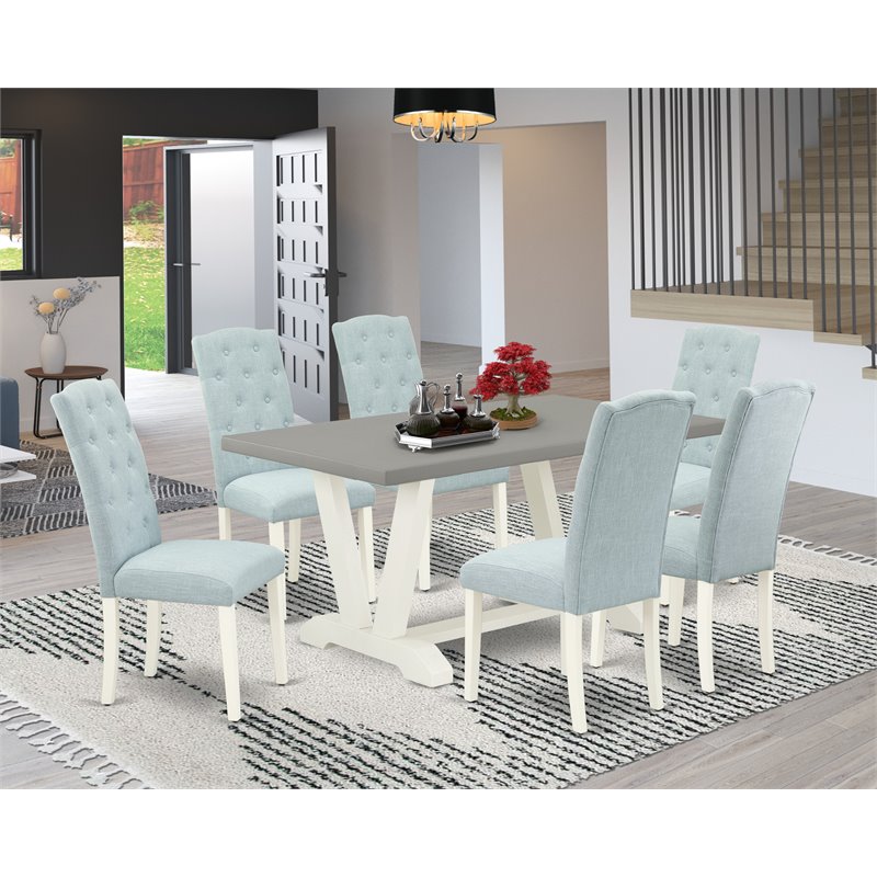 East West Furniture V-Style 7-piece Dining Table and Chairs in White/Baby Blue