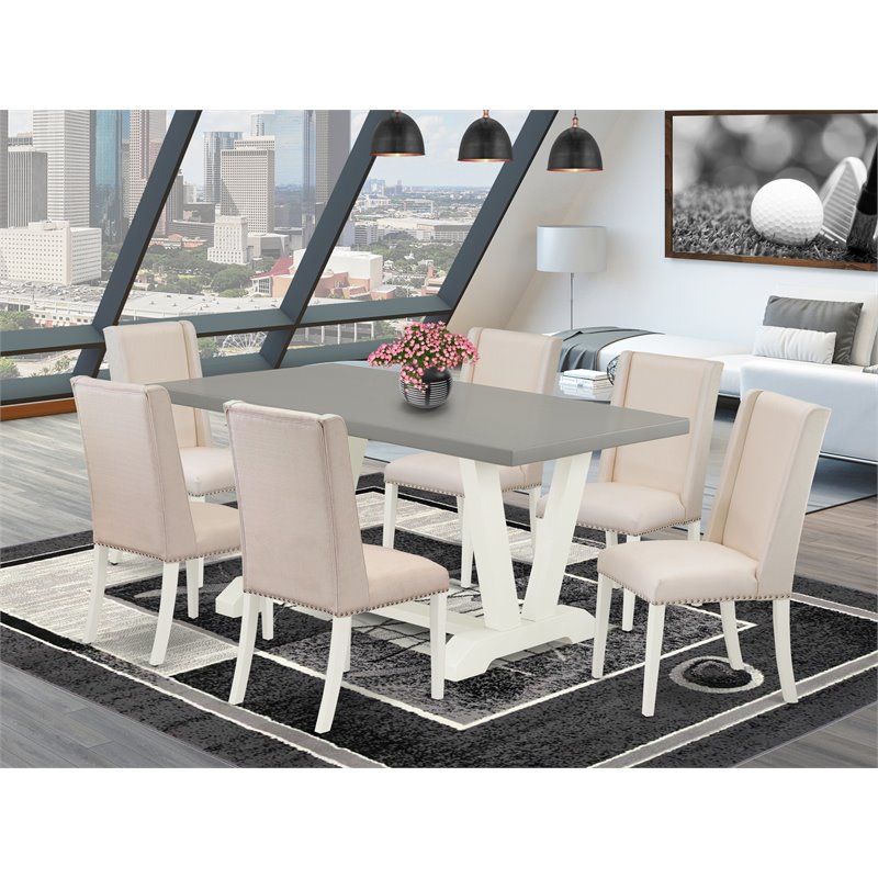 East West Furniture V-Style 7-piece Wood Dining Room Set in White/Cream/Cement