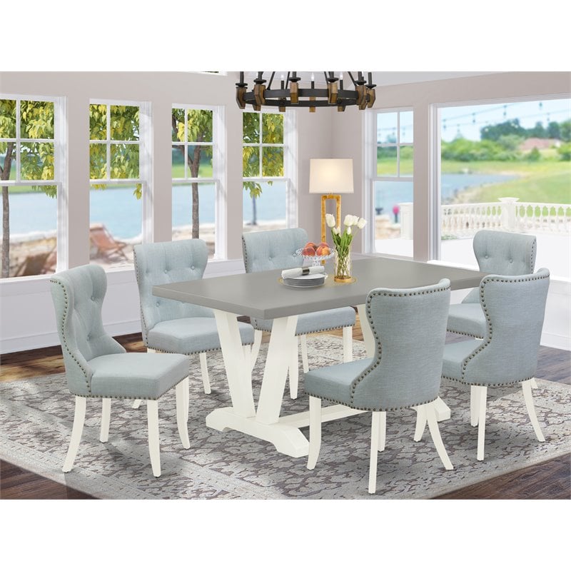 East West Furniture V-Style 7-piece Wood Dining Set in White/Baby Blue/Cement