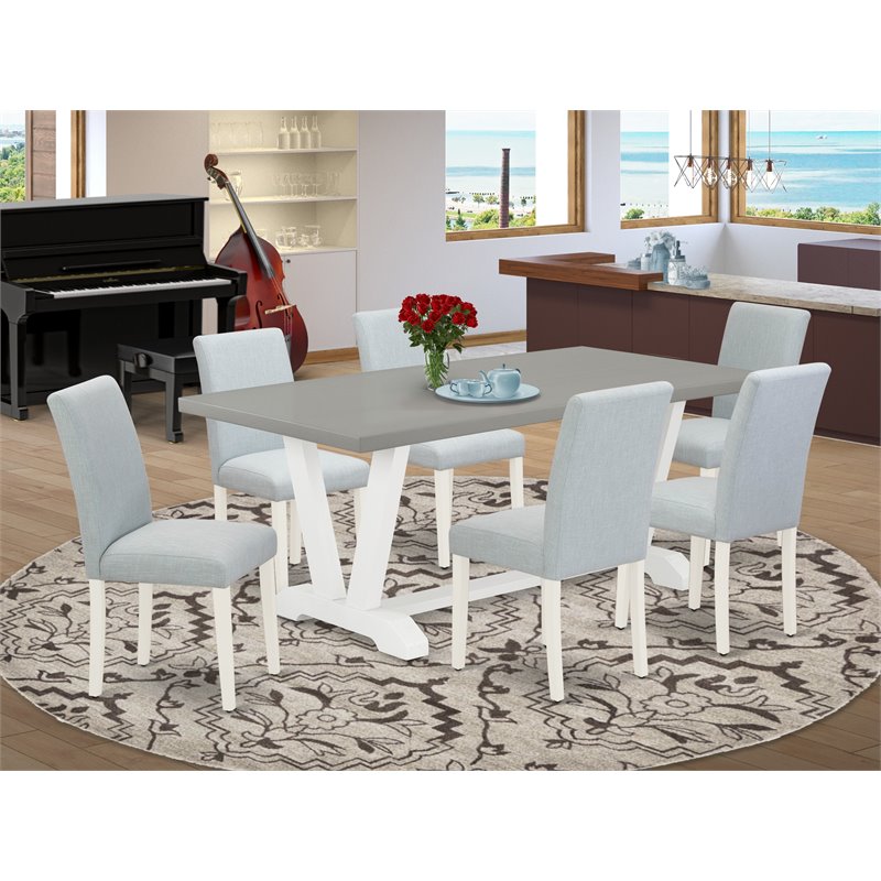 East West Furniture V-Style 7-piece Wood Dining Set in Linen White/Blue/Cement