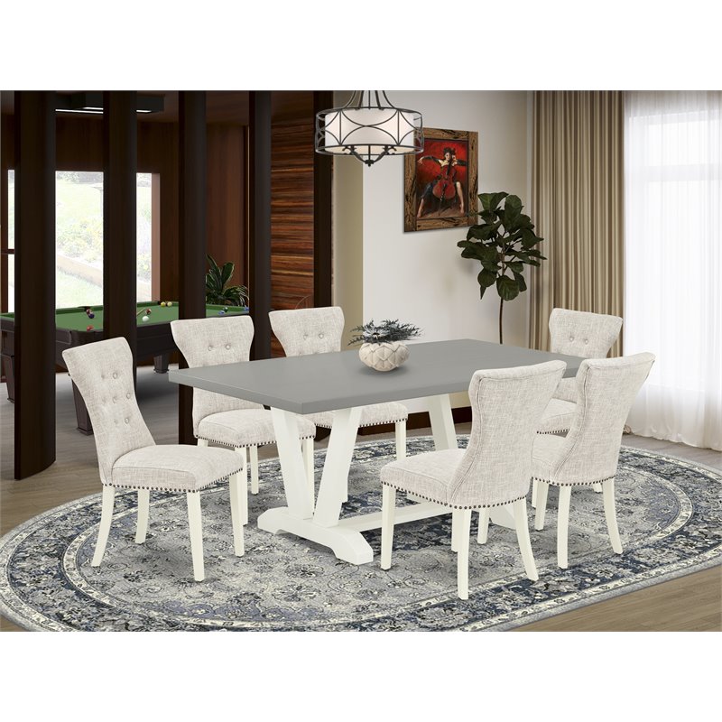 East West Furniture V-Style 7-piece Wood Dining Room Table Set in White/Doeskin