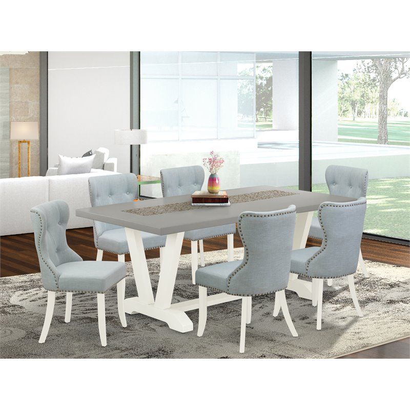 East West Furniture V-Style 7-piece Wood Kitchen Set in White/Cement/Blue