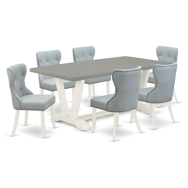 East West Furniture V-Style 7-piece Wood Kitchen Set in White/Cement/Blue