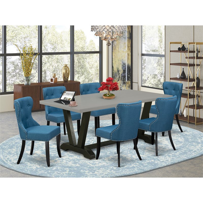 East West Furniture V-Style 7-piece Wood Dining Set in Cement/Black