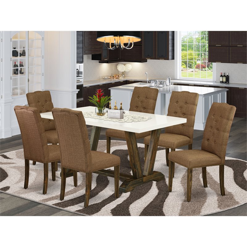 East West Furniture V-Style 7-piece Wood Dining Room Table Set in Brown Smoke