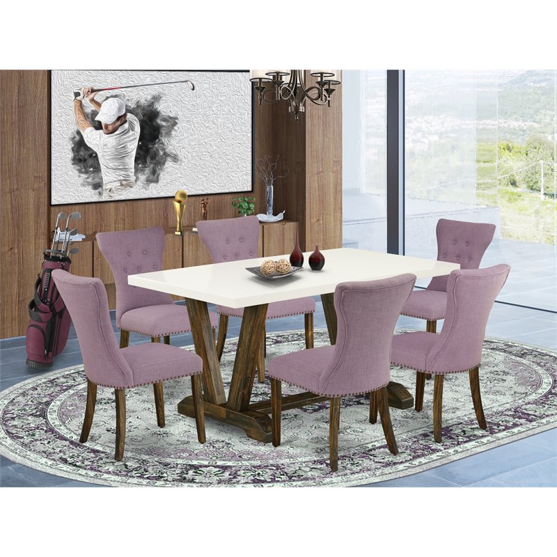 East West Furniture V-Style 7-piece Wood Dining Room Table Set in Jacobean Brown