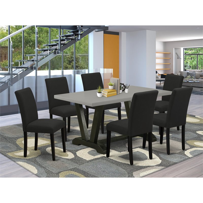 East West Furniture V-Style 7-piece Wood Dining Set in Black and Cement