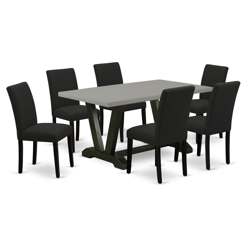 East West Furniture V-Style 7-piece Wood Dining Set in Black and Cement
