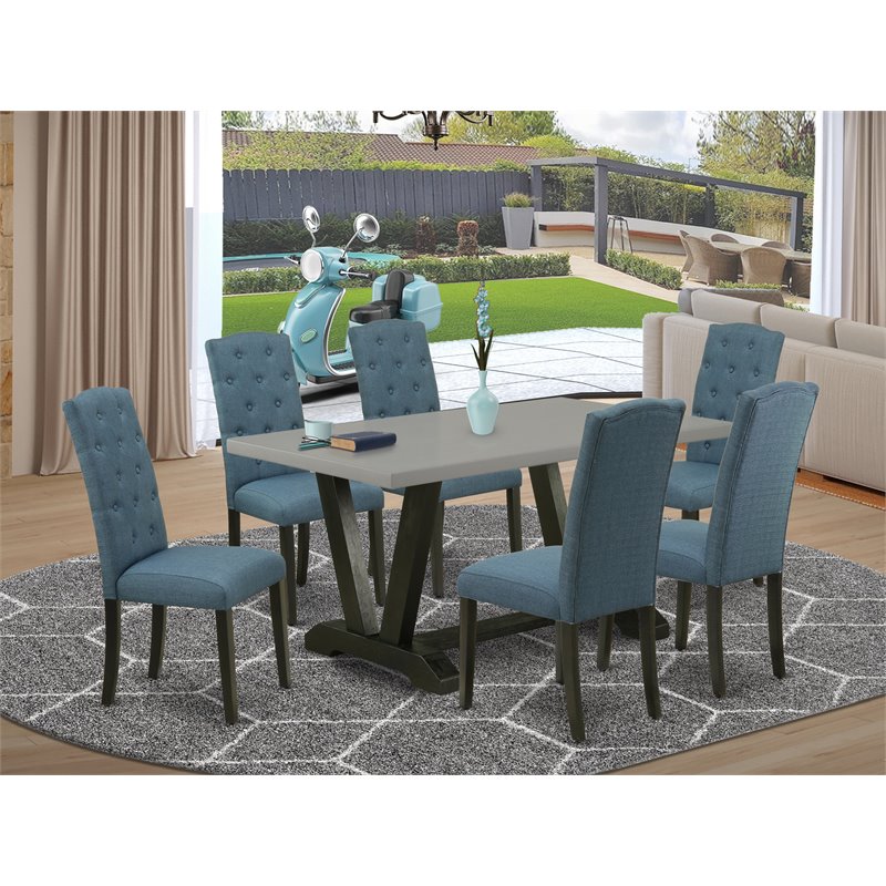 East West Furniture V-Style 7-piece Wood Dining Set in Black/Blue