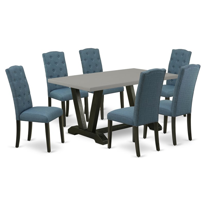 East West Furniture V-Style 7-piece Wood Dining Set in Black/Blue