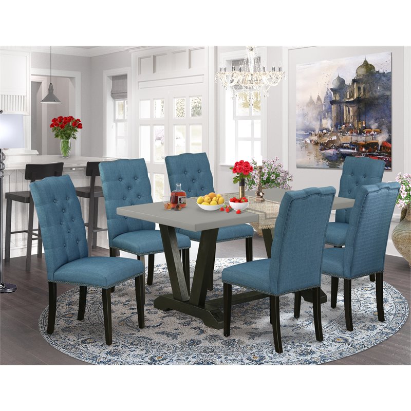 East West Furniture V-Style 7-piece Wood Dining Set in Black/Cement