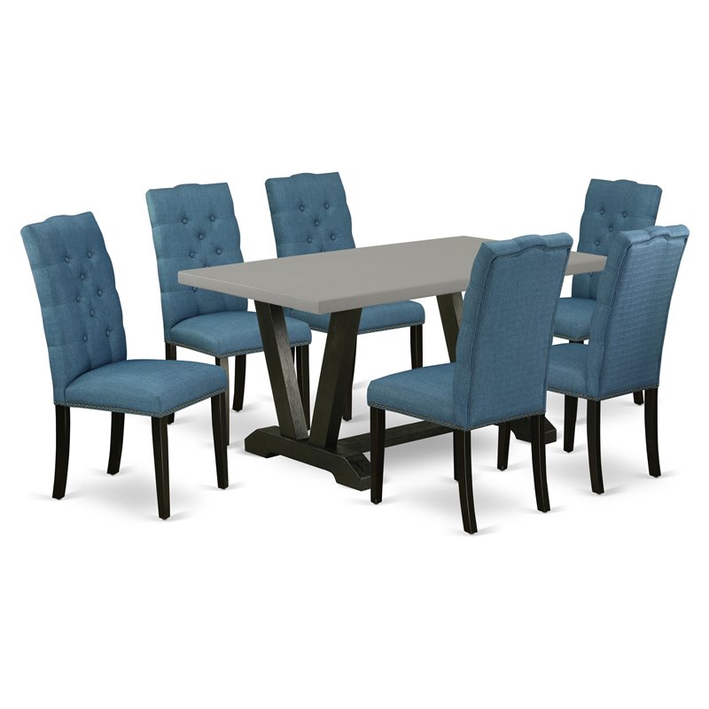 East West Furniture V-Style 7-piece Wood Dining Set in Black/Cement