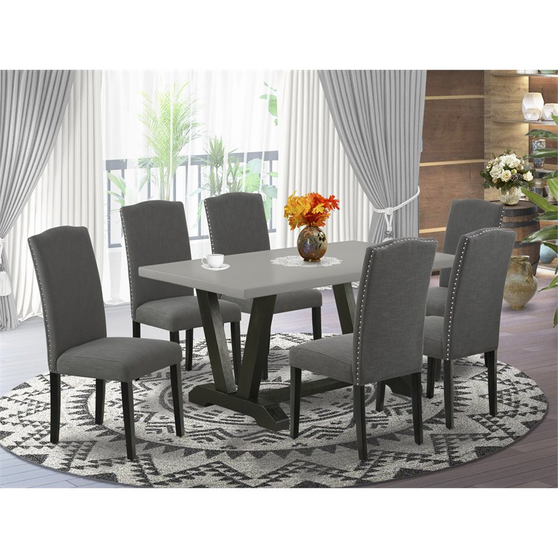 East West Furniture V-Style 7-piece Wood Dining Set in Black/Dark Gotham Gray