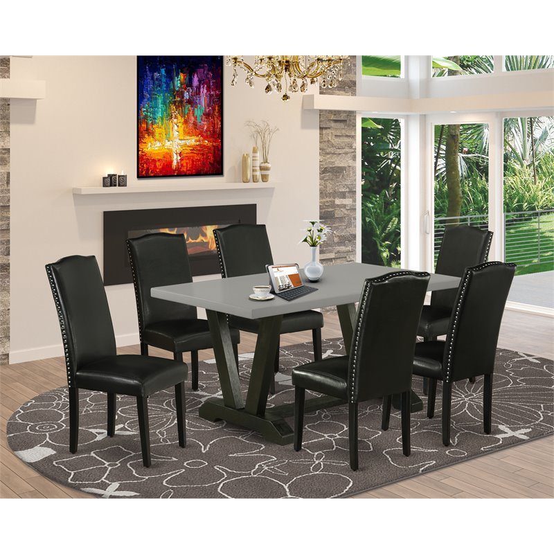 East West Furniture V-Style 7-piece Wood Dining Set with High Back in Black