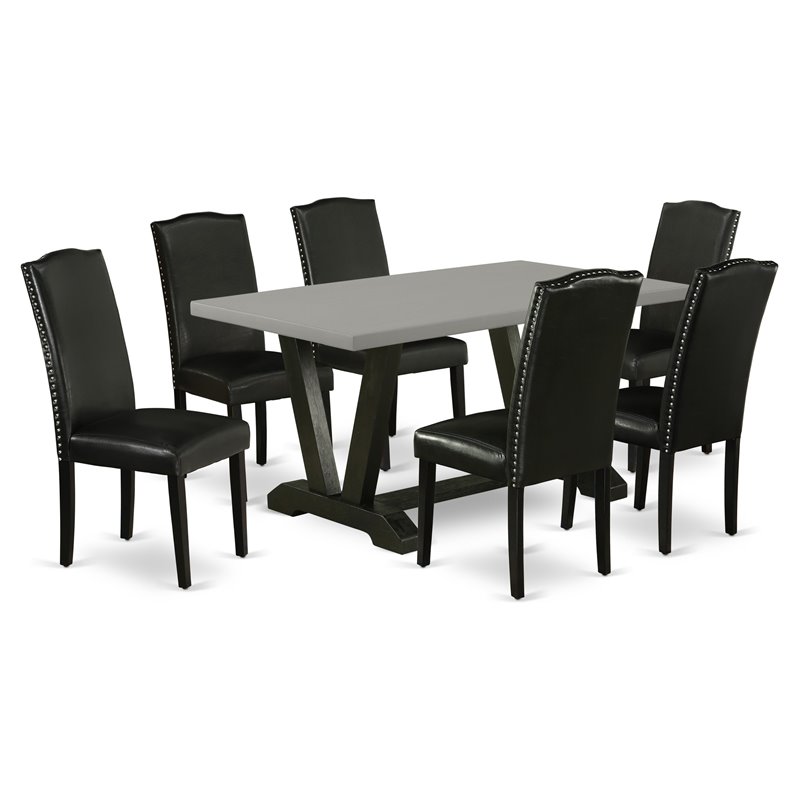 East West Furniture V-Style 7-piece Wood Dining Set with High Back in Black