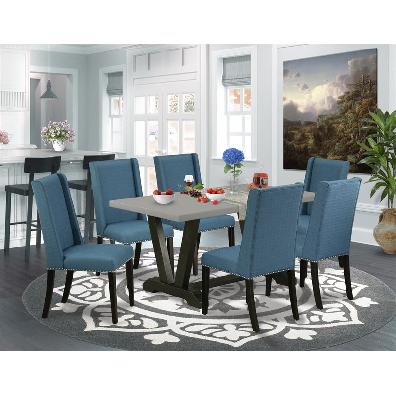 East West Furniture V-Style 7-piece Wood Dining Set with Fabric Chairs in Black