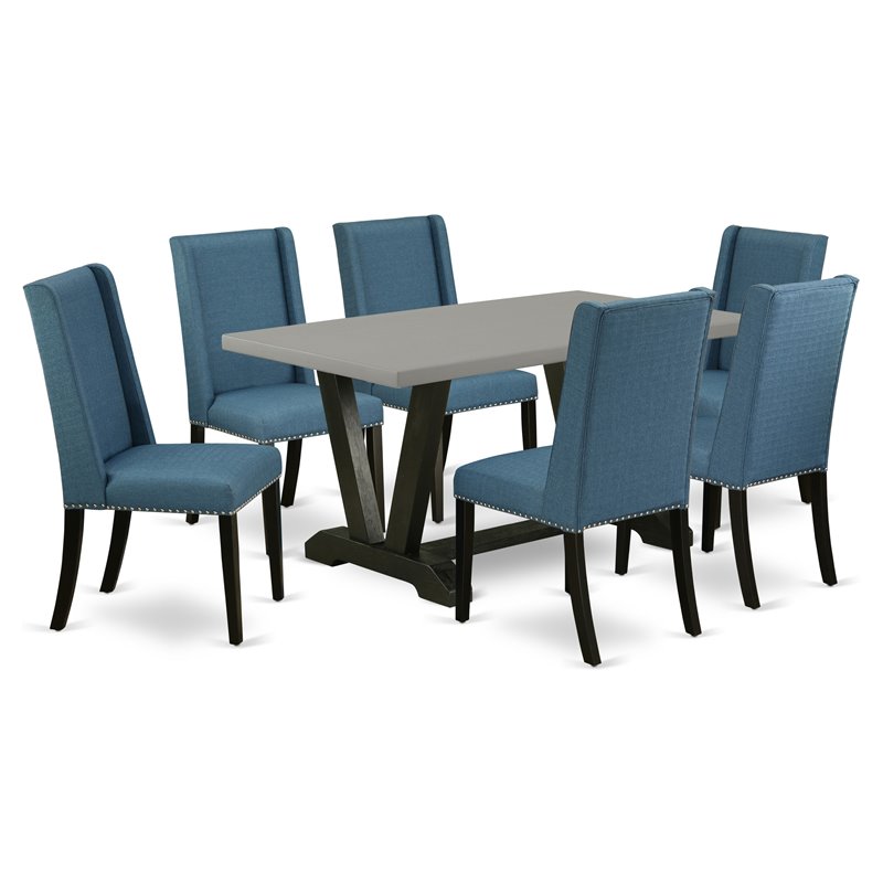 East West Furniture V-Style 7-piece Wood Dining Set with Fabric Chairs in Black