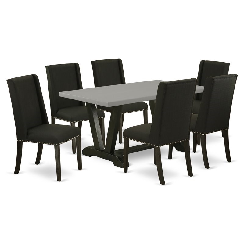 East West Furniture V-Style 7-piece Dining Table Set with Cushion Seat in Black