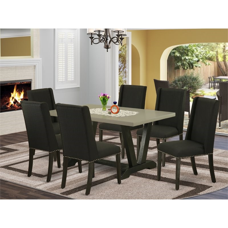 East West Furniture V-Style 7-piece Dining Table Set with Cushion Seat in Black