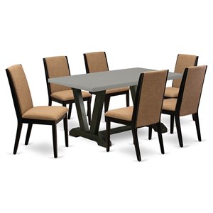 East West Furniture V-Style 7-piece Wood Dining Set with Linen Chairs in Black