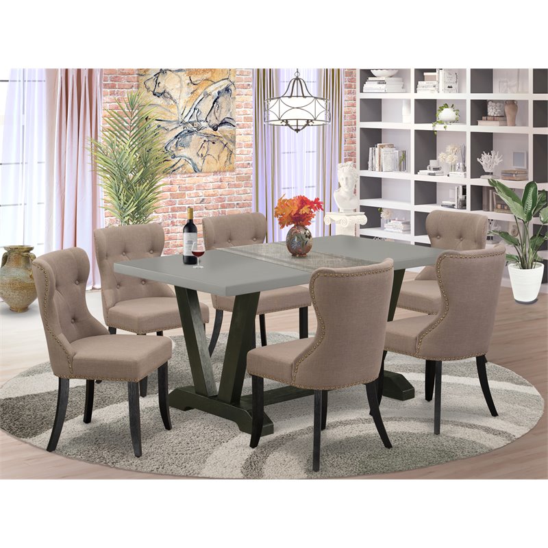 East West Furniture V-Style 7-piece Wood Dining Table Set in Black/Coffee