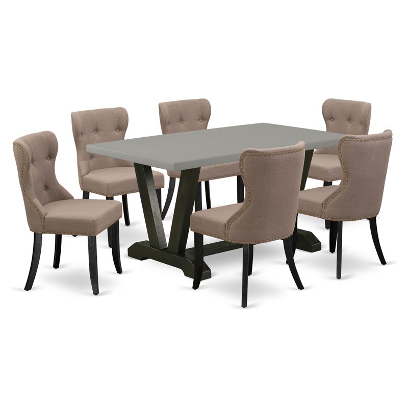 East West Furniture V-Style 7-piece Wood Dining Table Set in Black/Coffee
