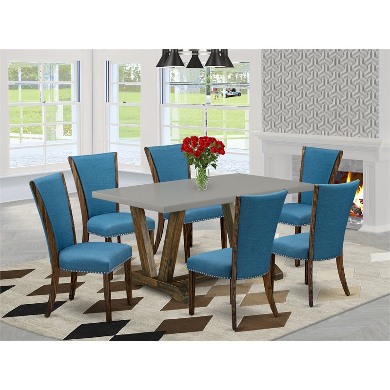 East West Furniture V-Style 7-piece Wood Dining Set in Brown/Blue/Cement